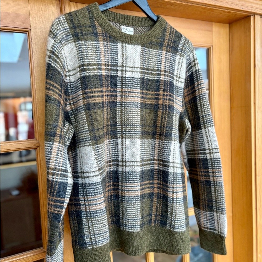 J. Crew Wool / Mohair Plaid Green and White Crewneck Sweater - Picture 3 of 4
